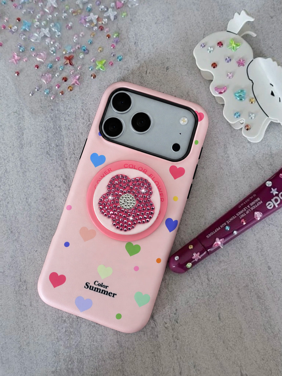Pink Heart & Flower Rhinestone Phone Case